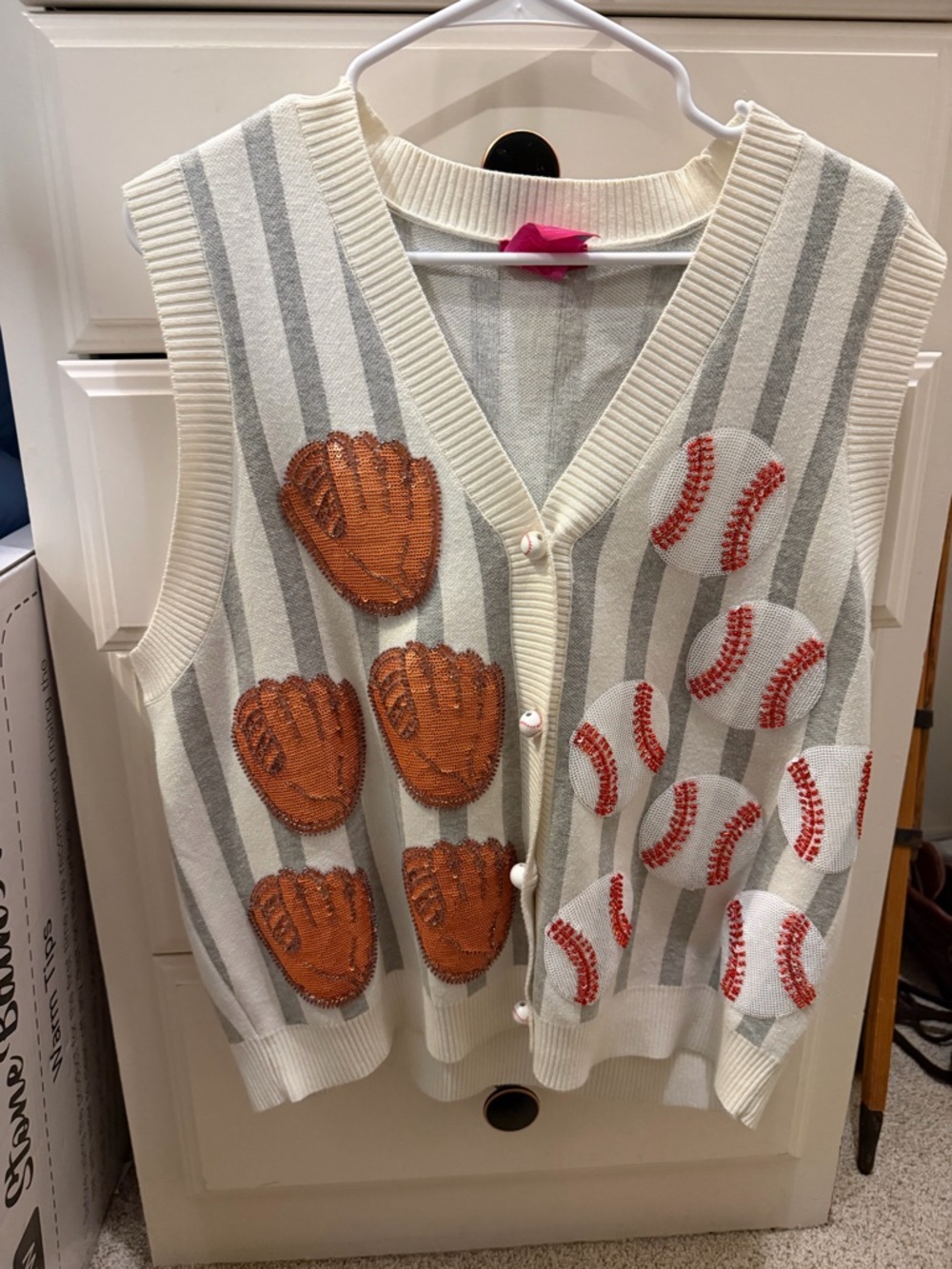 Queen of Sparkles Baseball & Glove Sweater Vest - Cream with Gray Stripes